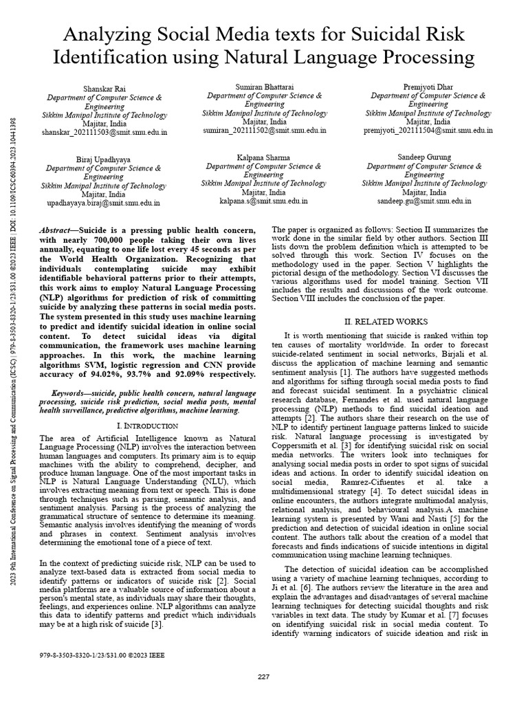 Analyzing Social Media Texts For Suicidal Risk Identification Using ...