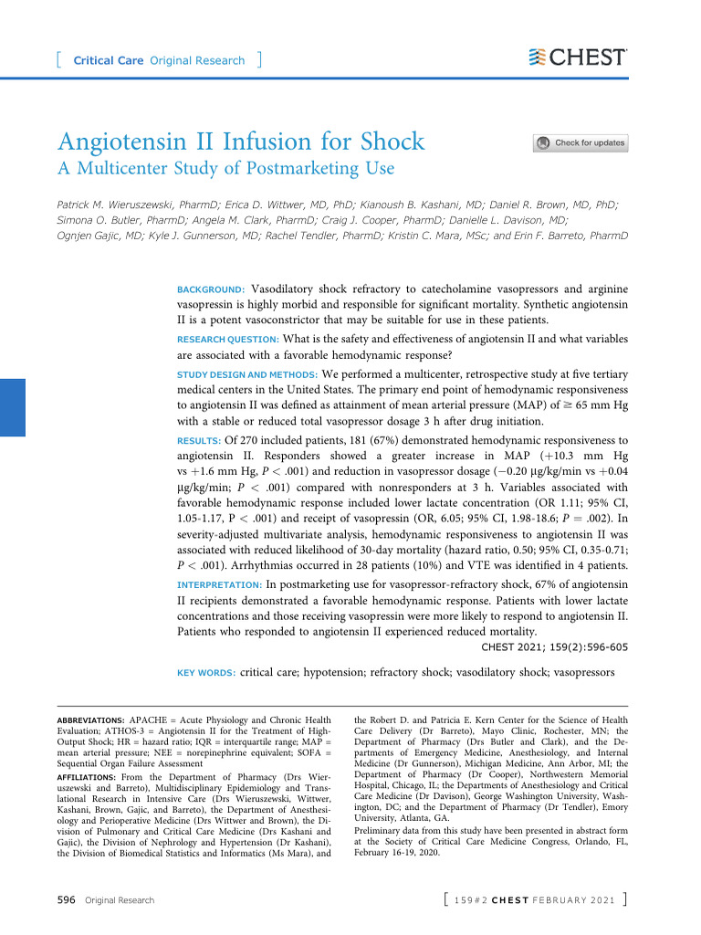 Angiotensin II in Shock Chest Publication | PDF | Kidney | Shock ...
