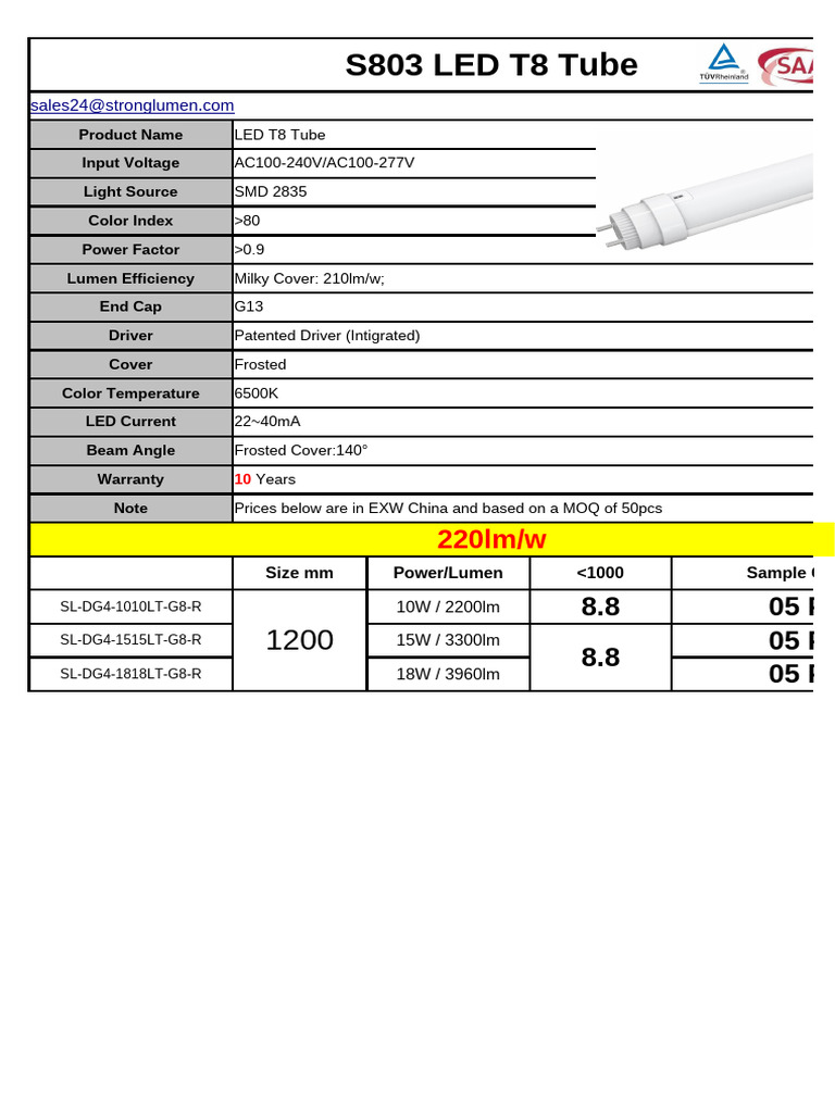 S803 LED T8 Tube Specifications and Pricing | PDF