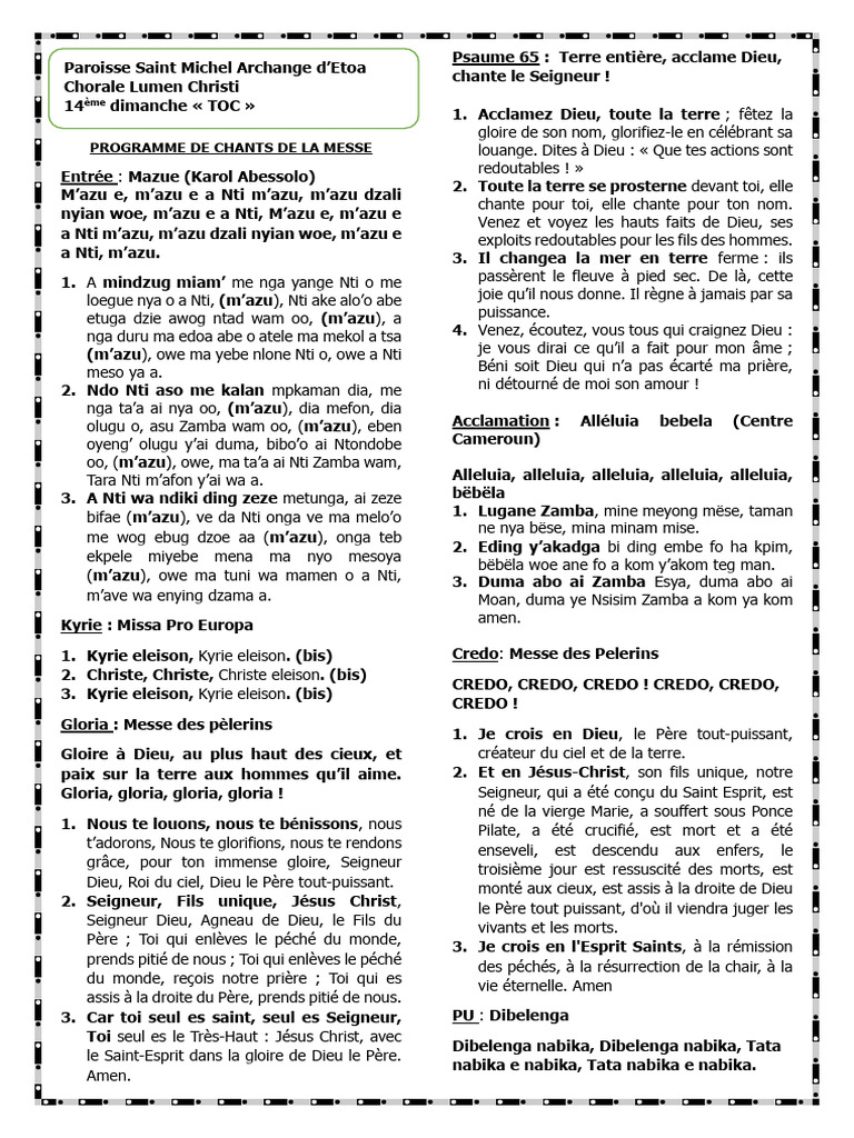 Programme de chants de messe TOC | PDF | Liturgie et culte chrétien ...