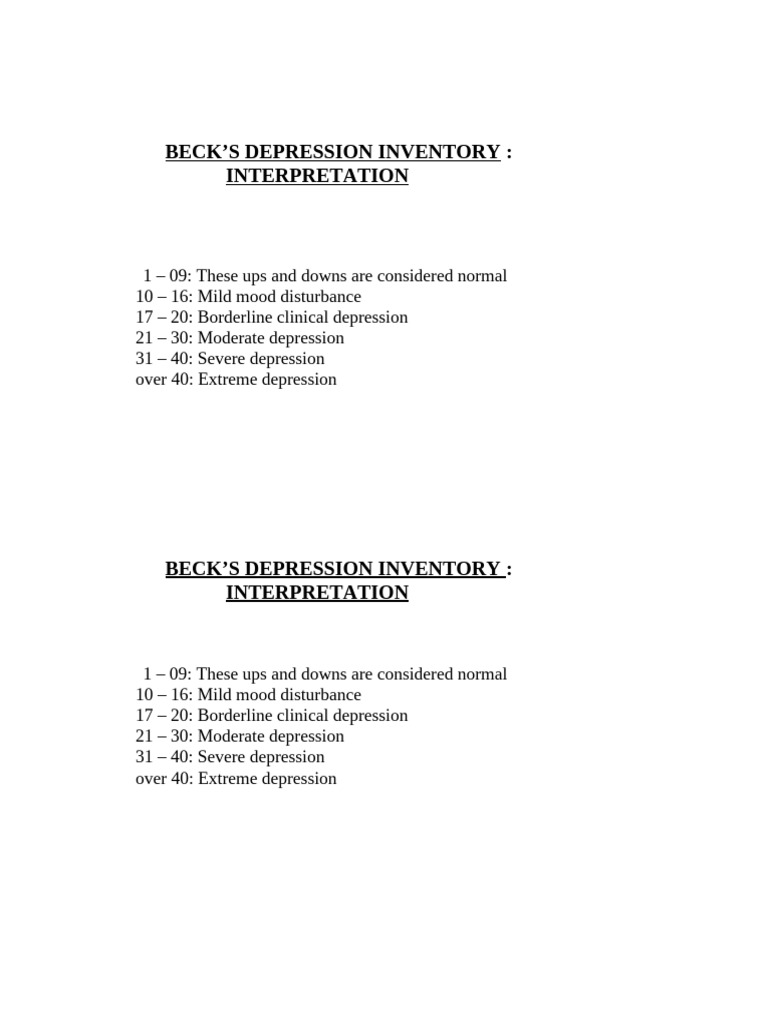 Beck Depression Inventory - Interpretation | PDF