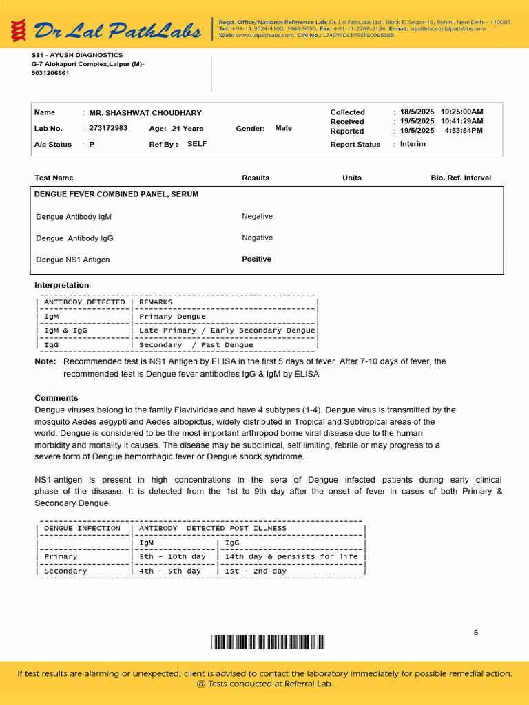 Dengue and Hemogram Test Report | PDF | White Blood Cell | Hematology