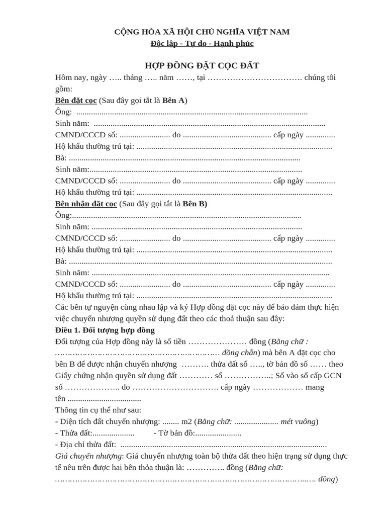 Hop Dong Dat Coc Ban Dat 0709132520 | PDF