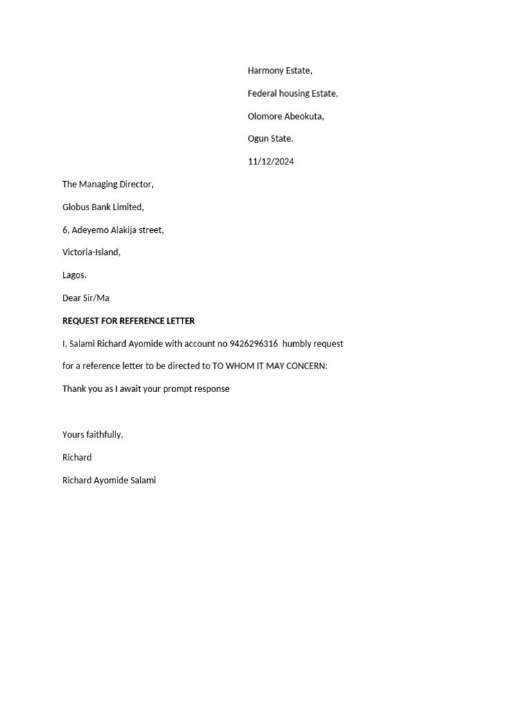 Request for Bank Reference Letter | PDF