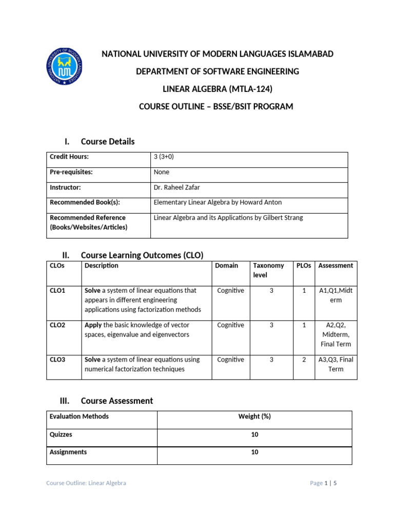 Linear Algebra Course Outline (MTLA-124) | PDF | Linear Algebra ...