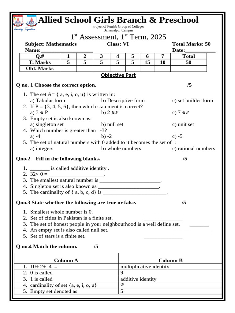 VI Math Assessment 2025 - Allied School | PDF | Integer | Numbers