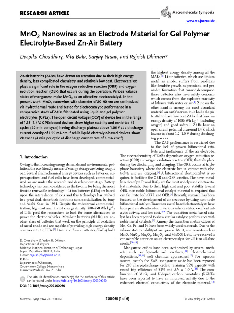 MnO2 Nanowires for Zn-Air Battery Electrodes | PDF | Electrode ...