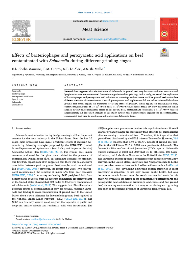 Bacteriophages vs. Peroxyacetic Acid on Salmonella in Beef | PDF ...