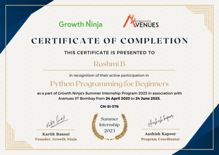 Python Programming Internship Certificate | PDF