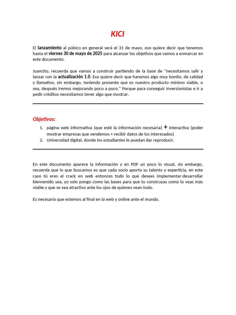 Lanzamiento KICI: Objetivos y Plataforma 1.0 | PDF