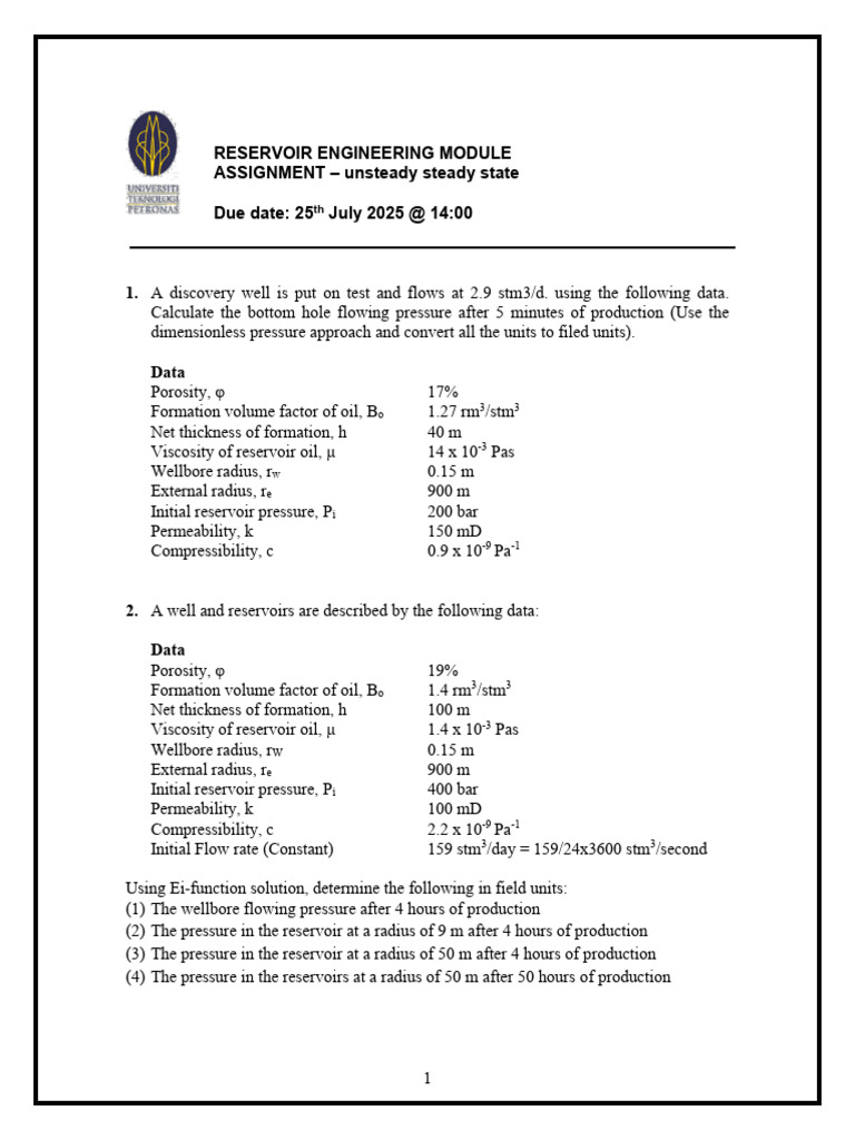 Reservoir Engineering Assignment: Pressure Calculations | PDF