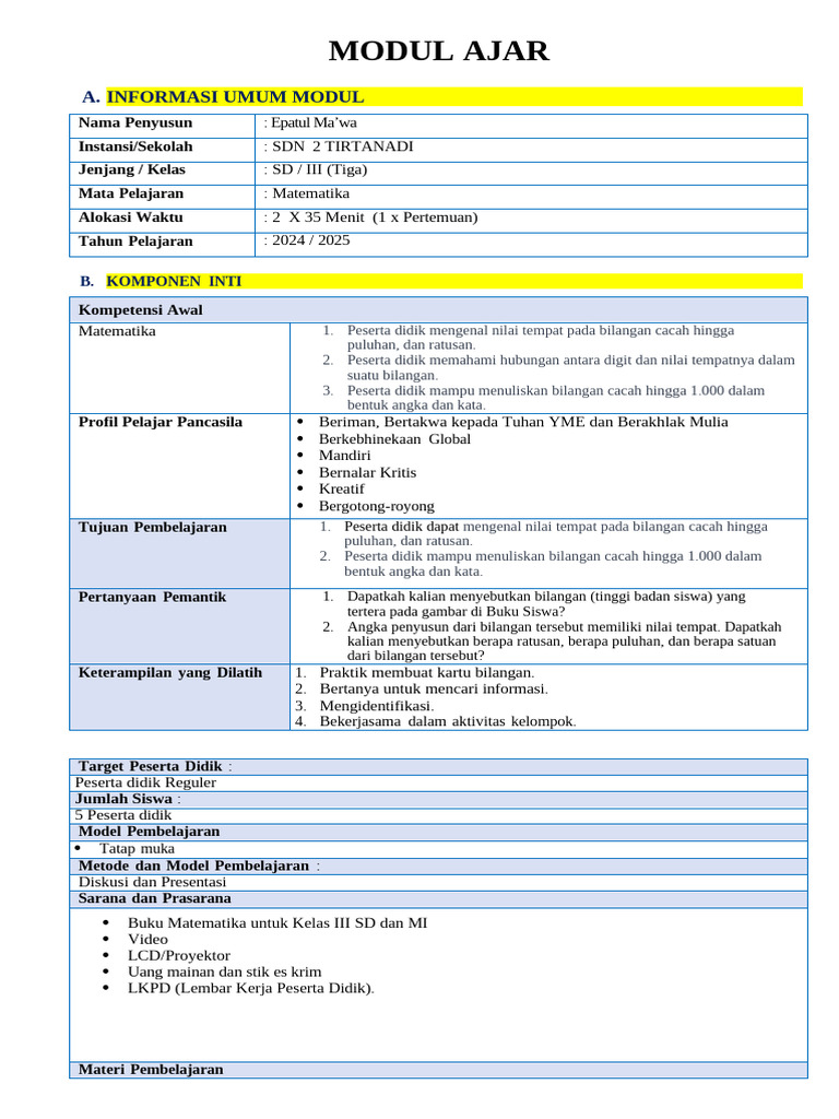Modul Ajar Matematika Kelas III SD | PDF