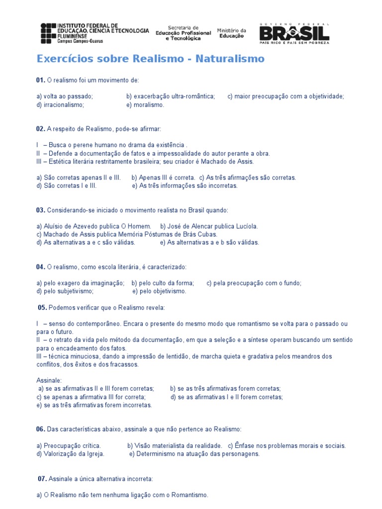 Exercícios sobre Realismo e Naturalismo | PDF | Realismo (artes ...