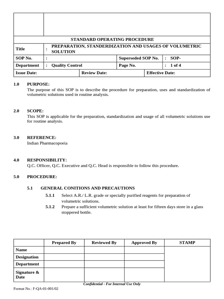 Volumetric Solution SOP Guide | PDF