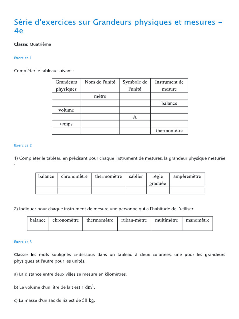 Série D - Exercices Sur Grandeurs Physiques Et Mesures - 4e | PDF