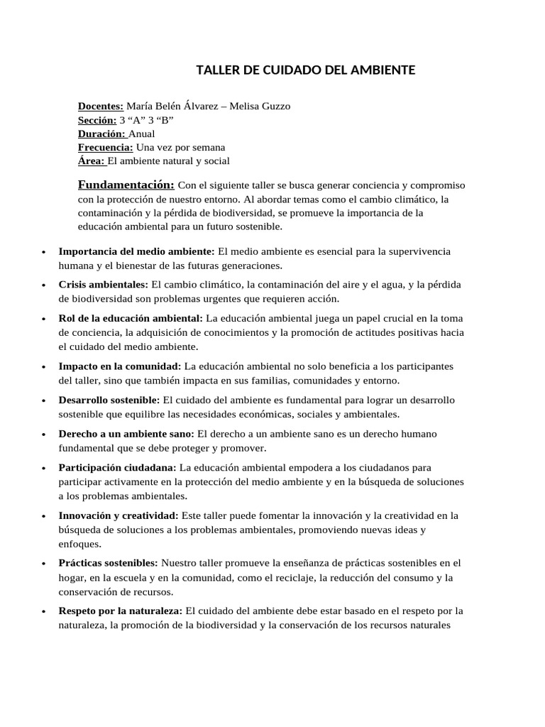 Taller Del Cuidado Del Ambiente | PDF | Sustentabilidad | Entorno natural