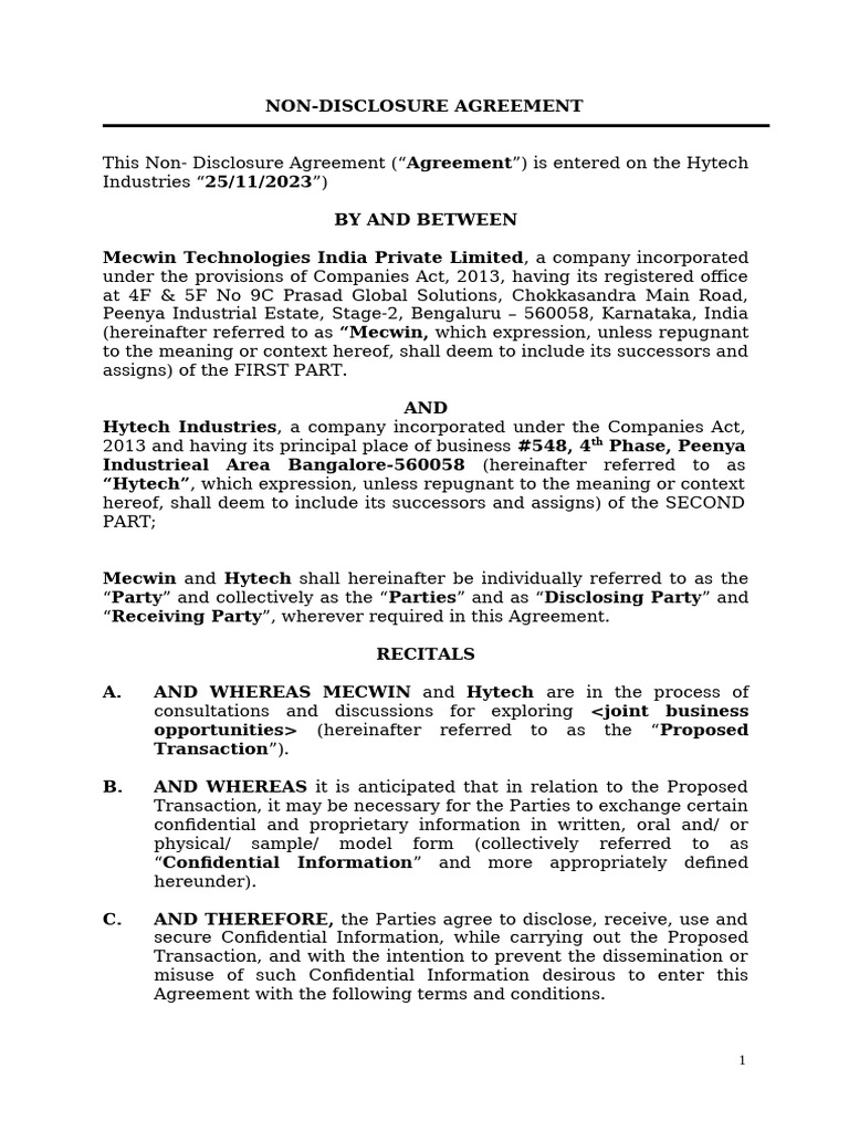 Mecwin-Hytech NDA for Business Collaboration | PDF | Arbitration | Non ...