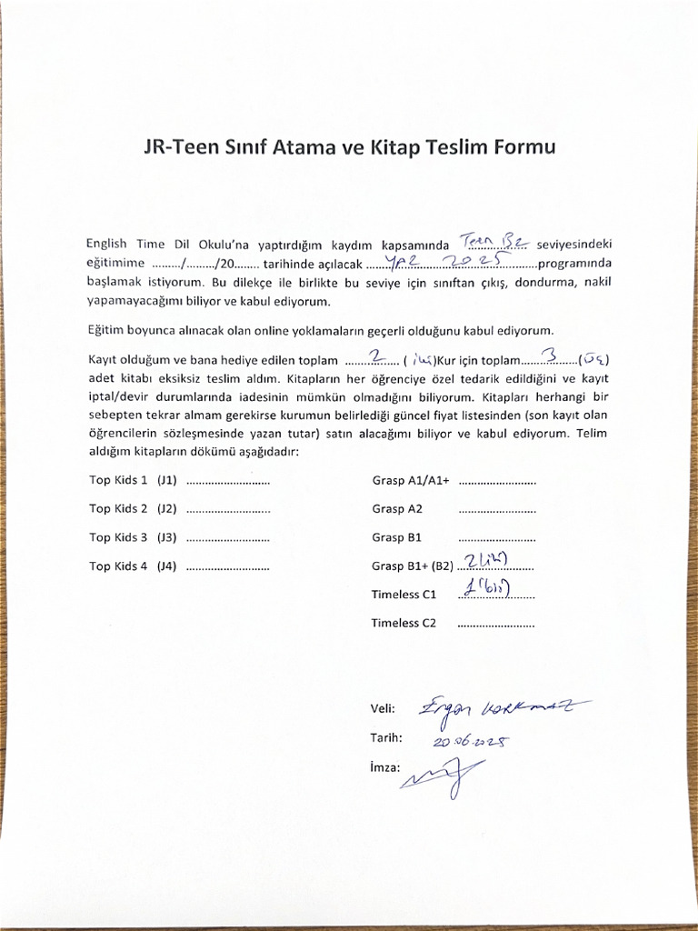 JR-Teen Sinif Atama Ve Kitap Teslim Formu | PDF