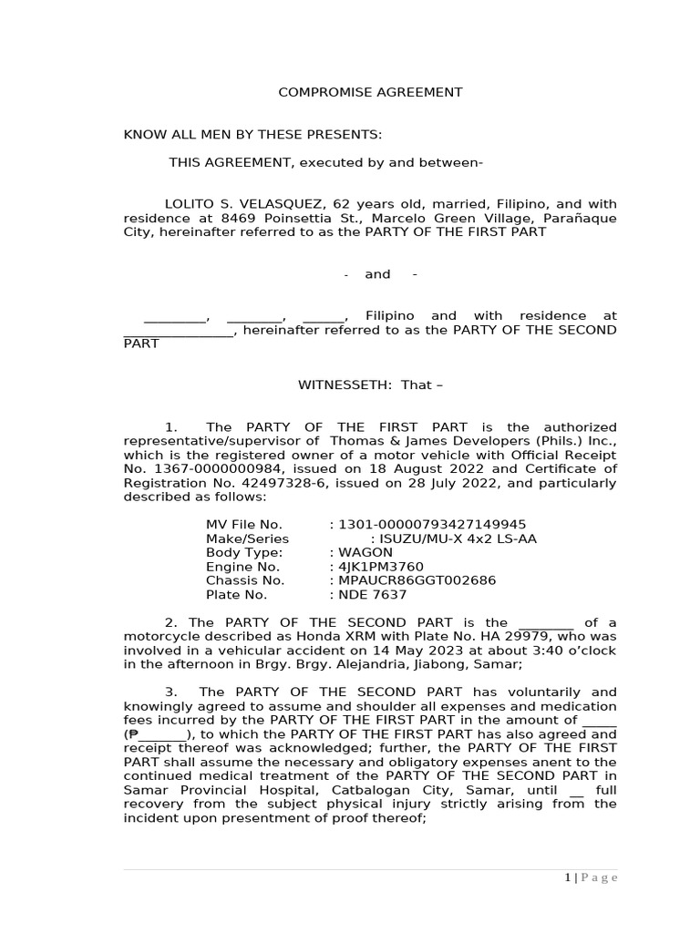 Compromise Agreement for Vehicular Accidents | PDF