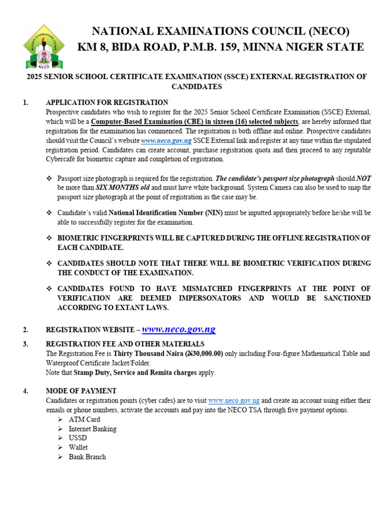 2025 Ssce External Registration Guideline (CBT) Advert-1 | PDF | Biometrics