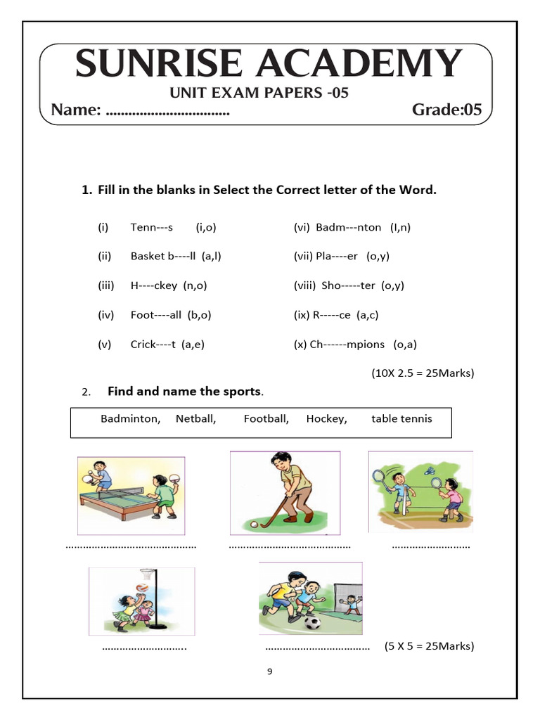 Grade 5 Sports Vocabulary Exam | PDF
