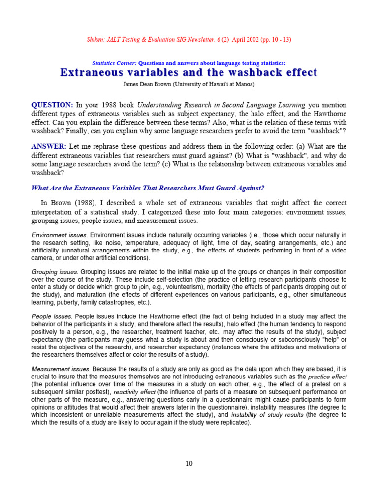 Extraneous Variables And The Washback Effect Pdf Validity