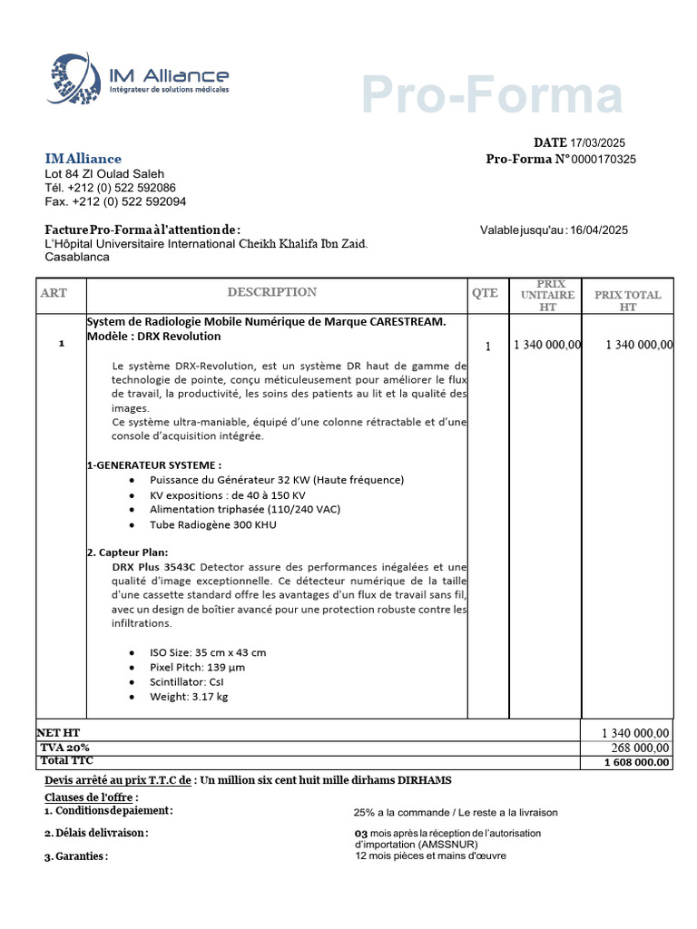 Devis Pro-Forma Système Radiologie CARESTREAM | PDF
