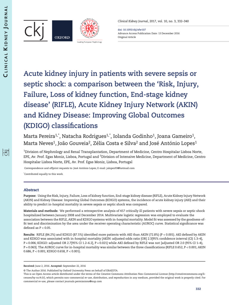 Acute Kidney Injury in Sepsis: RIFLE vs AKIN vs KDIGO | PDF | Sepsis ...