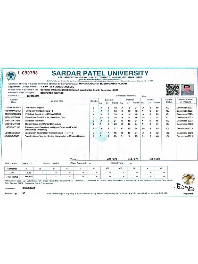 Fy Sem 1 Marksheet | PDF