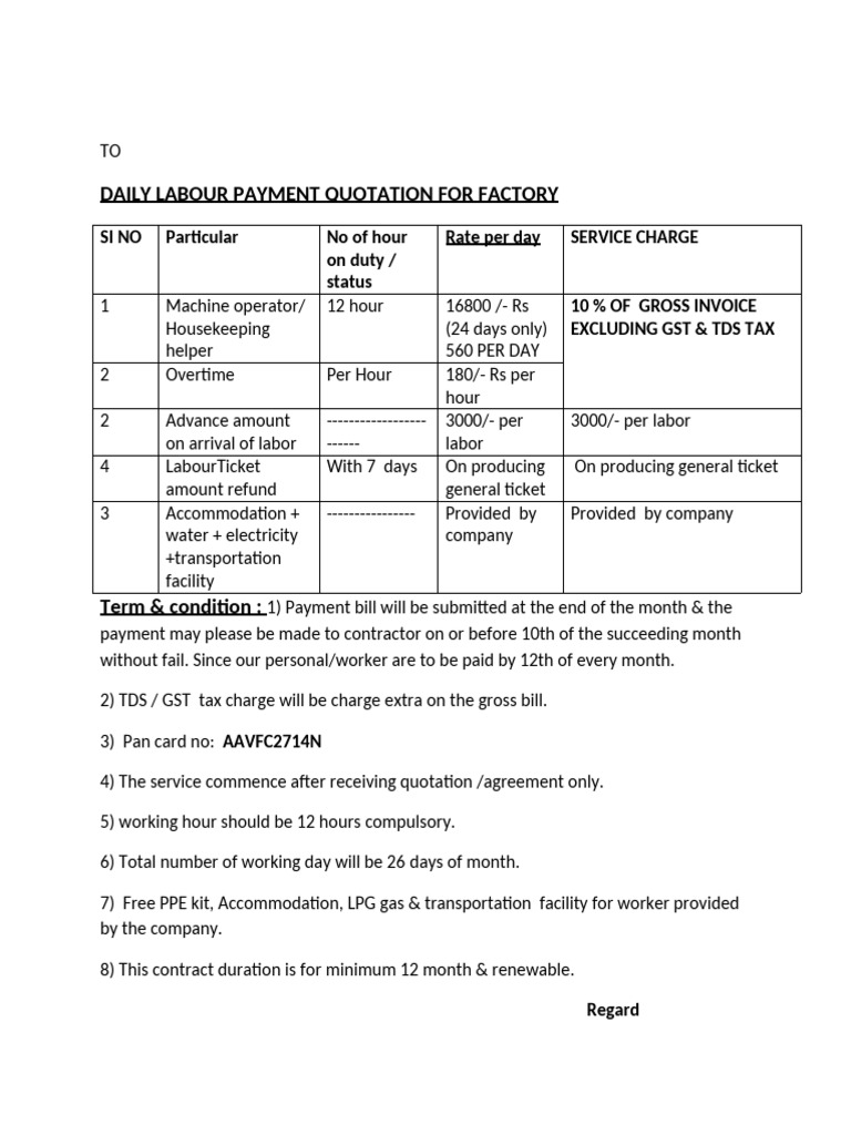 Daily Labour Supply Quotation Details | PDF