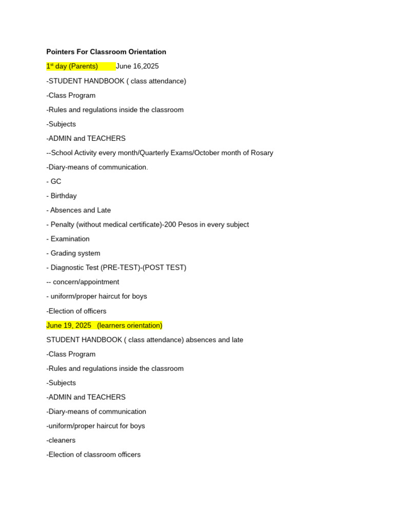 Pointers For Classroom Orientation | PDF