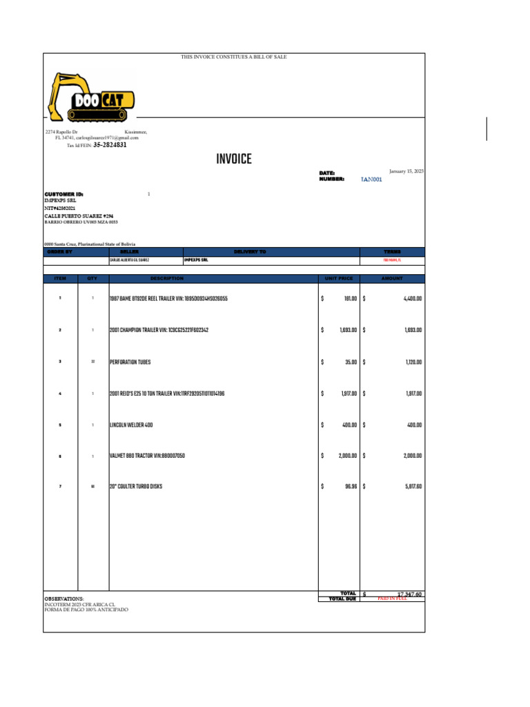 Invoice for Equipment Sale | PDF | Supply Chain Management