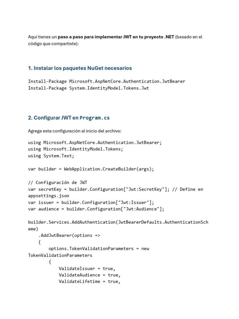 Implementación de JWT en .NET paso a paso | PDF | Contraseña | Criptografía
