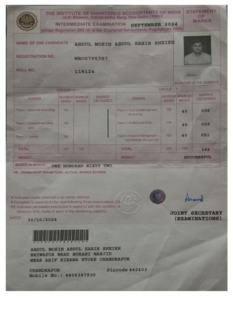 Mosin Inter Marksheet | PDF