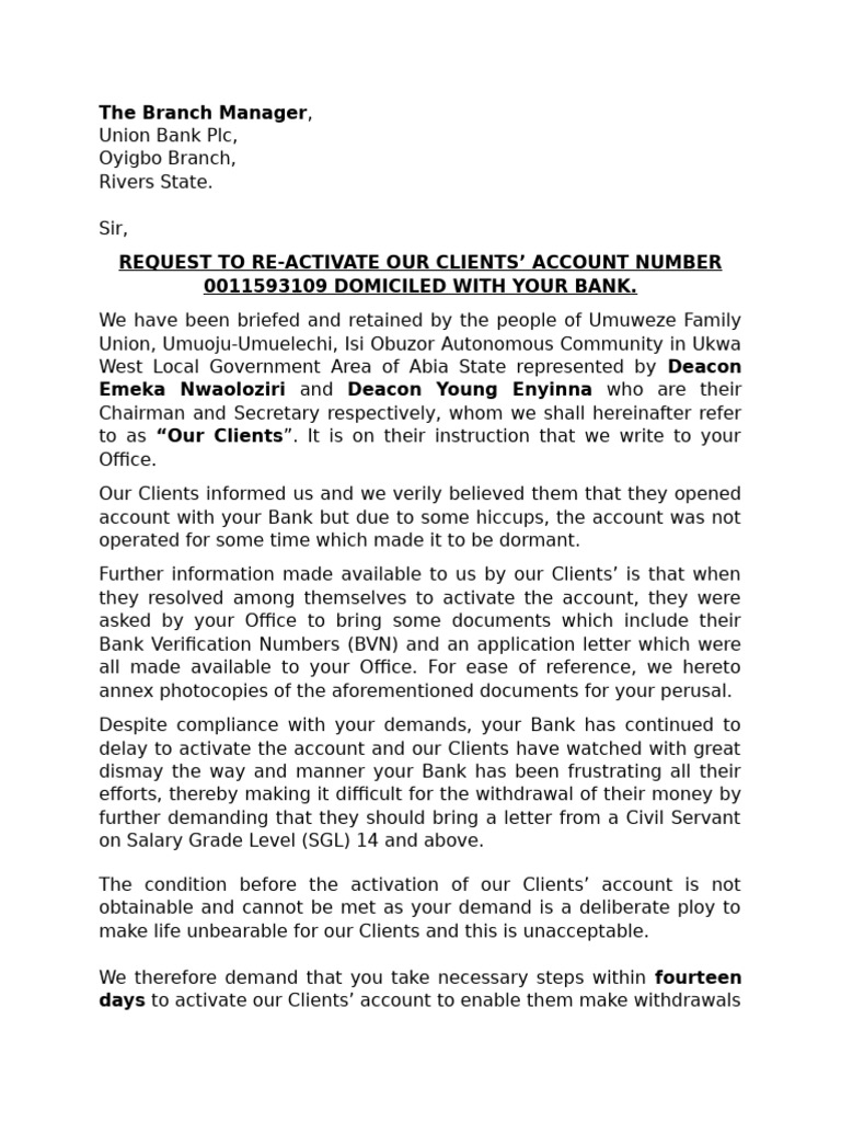 Request to Reactivate Dormant Bank Account | PDF