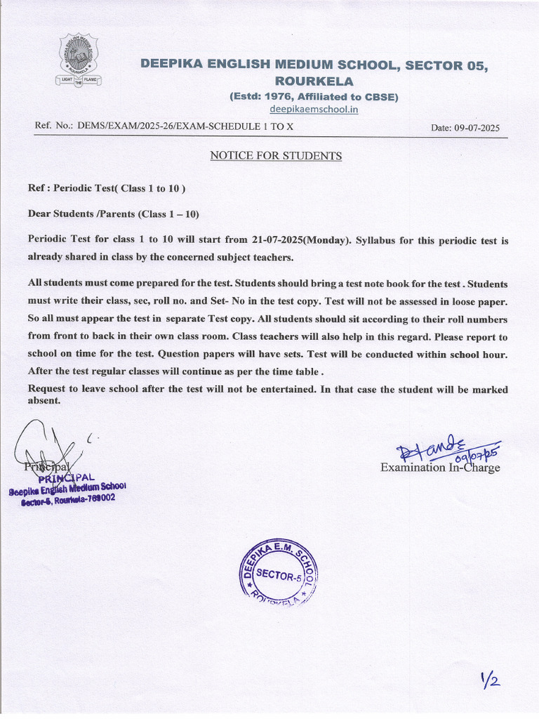 Notice For Students Class 1 To 5 (Periodic Test - July 2025) | PDF