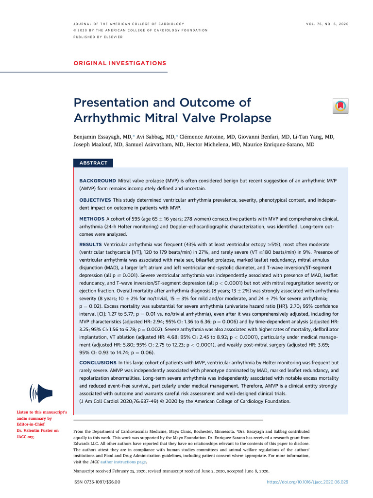 Arrhythmic Mitral Valve Prolapse | PDF | Ventricle (Heart) | Human ...