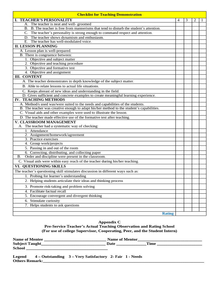 Teaching Demonstration Evaluation Checklist | PDF | Teachers | Teaching ...