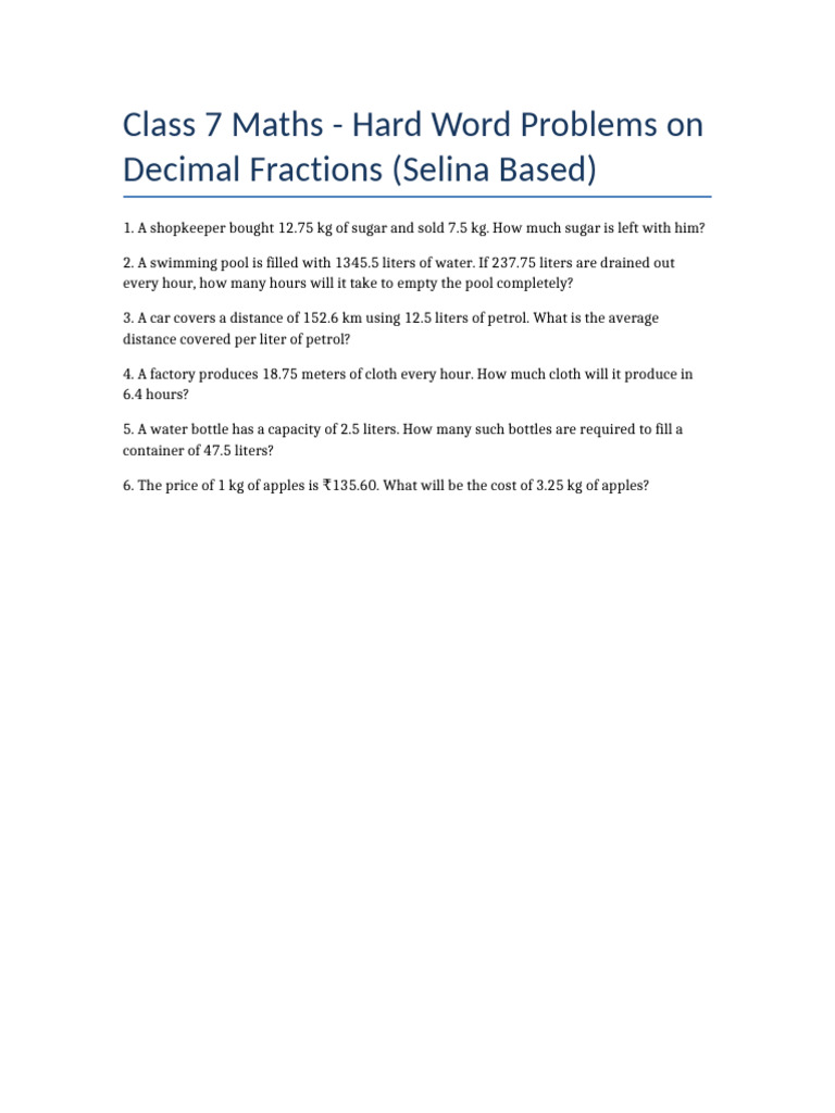 Class 7 Decimal Word Problems | PDF