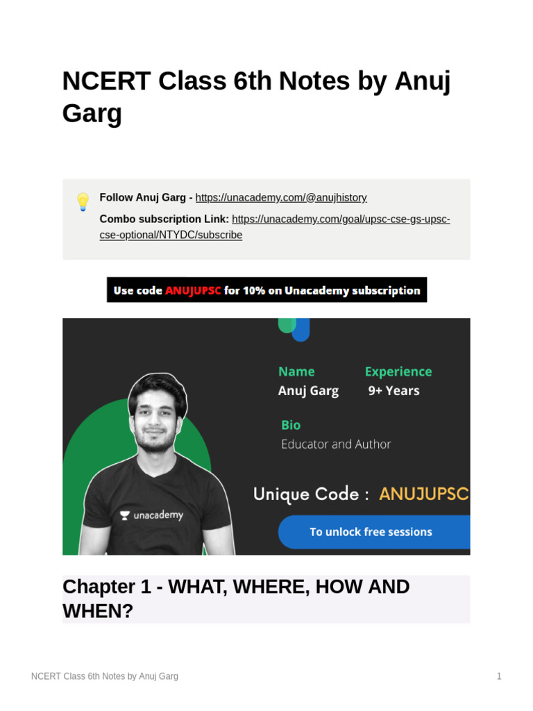 NCERT Class 6 Notes by Anuj Garg | PDF | Paleolithic | Archaeology