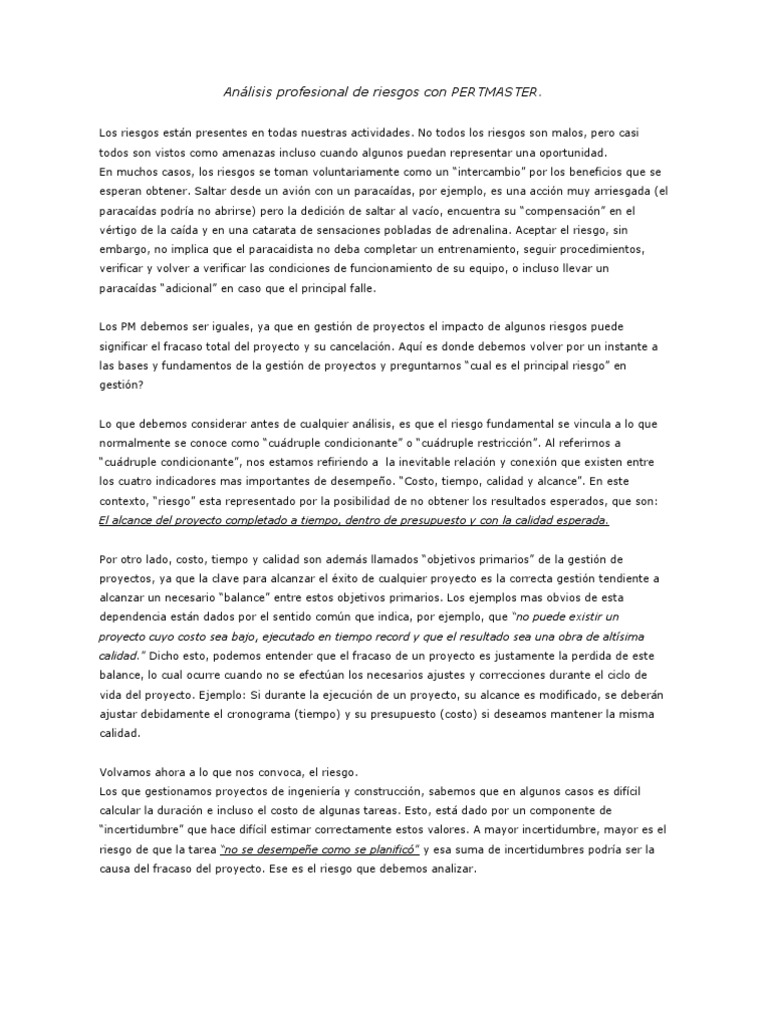 Análisis de Riesgos con PERTMASTER | PDF | Toma de decisiones ...