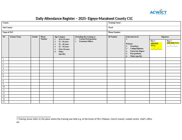 Daily Attendance Register To Be Printed and Completed by Citizens | PDF