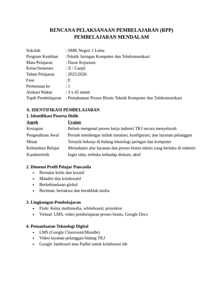 RPP Pembelajaran Mendalam TKJ SMK | PDF
