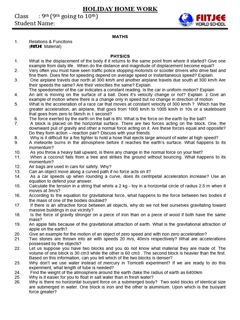 Holiday Homework for Class 9 Students | PDF | Force | Acceleration