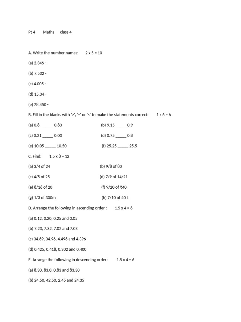 PT 4 Maths Class 4 | PDF