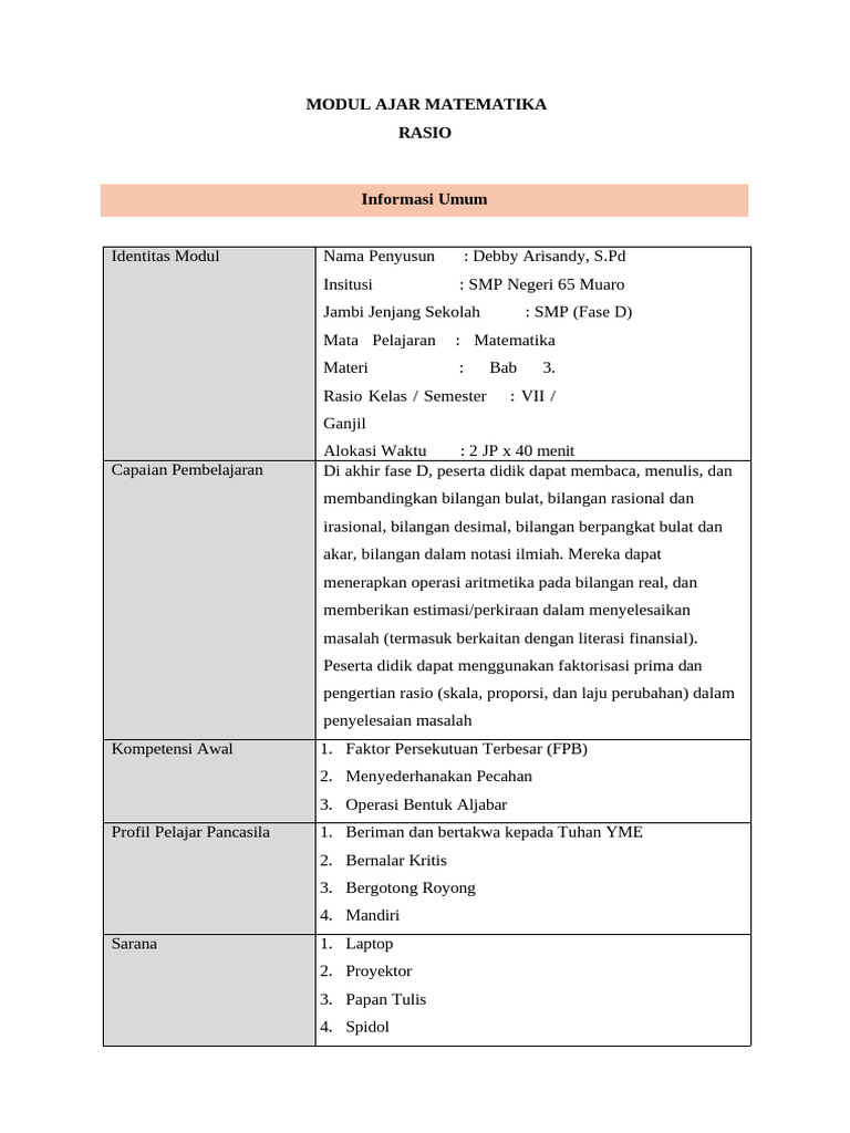Modul Ajar Matematika: Konsep Rasio | PDF