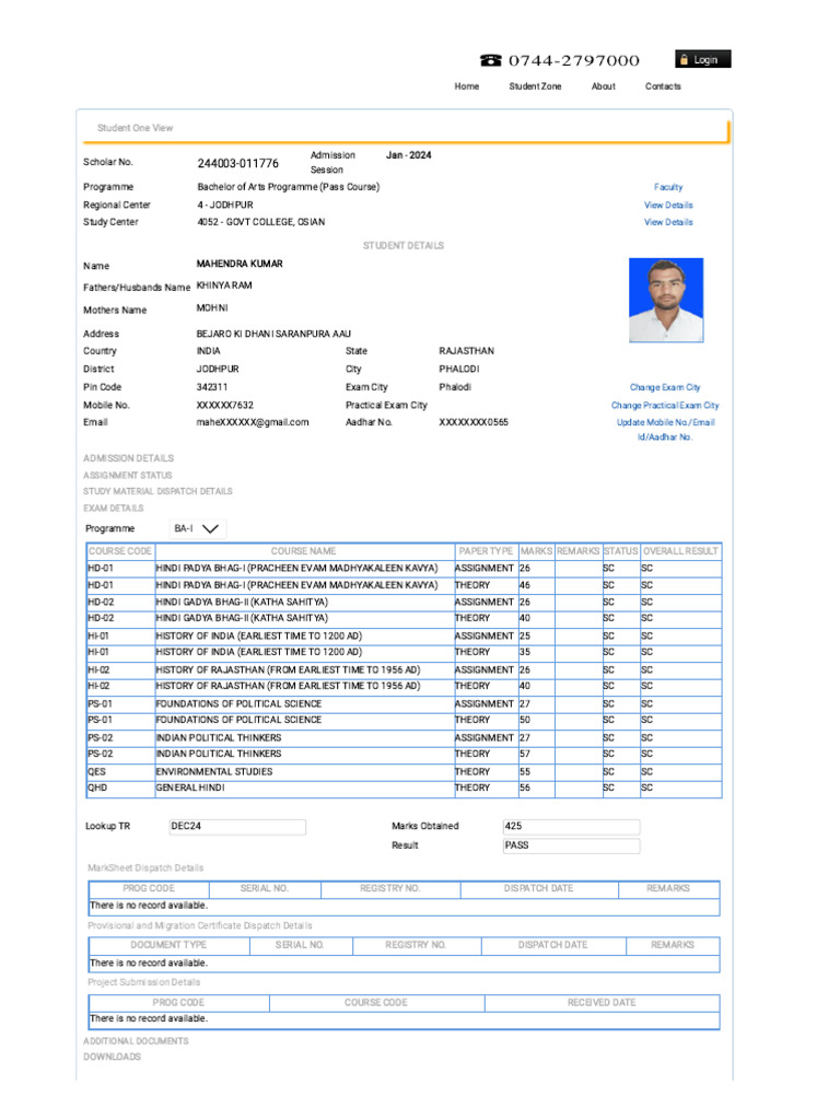 VMOU Student One View Results | PDF