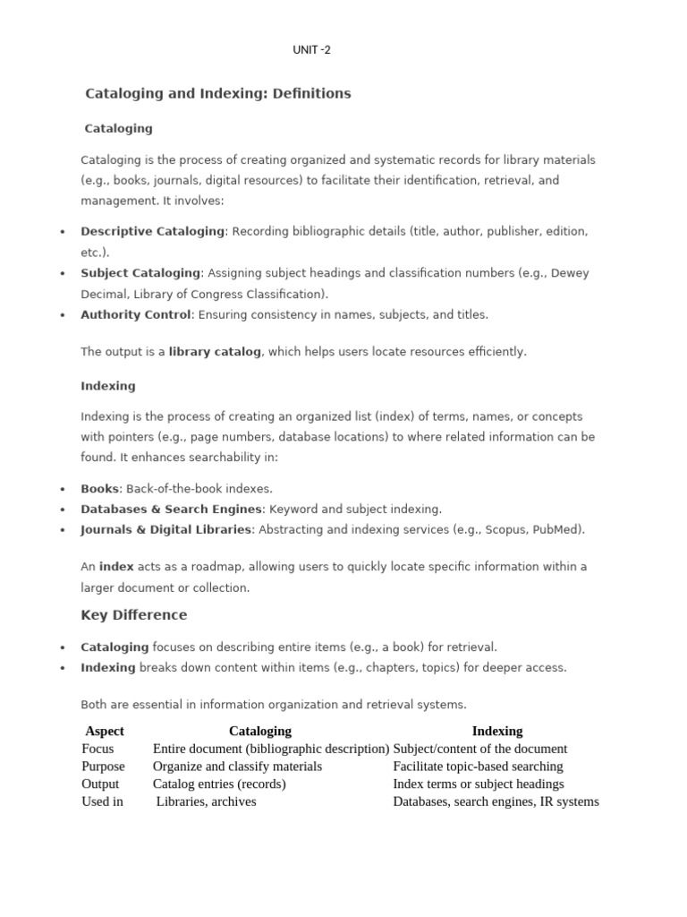 Cataloging vs. Indexing in Libraries | PDF | Search Engine Indexing ...