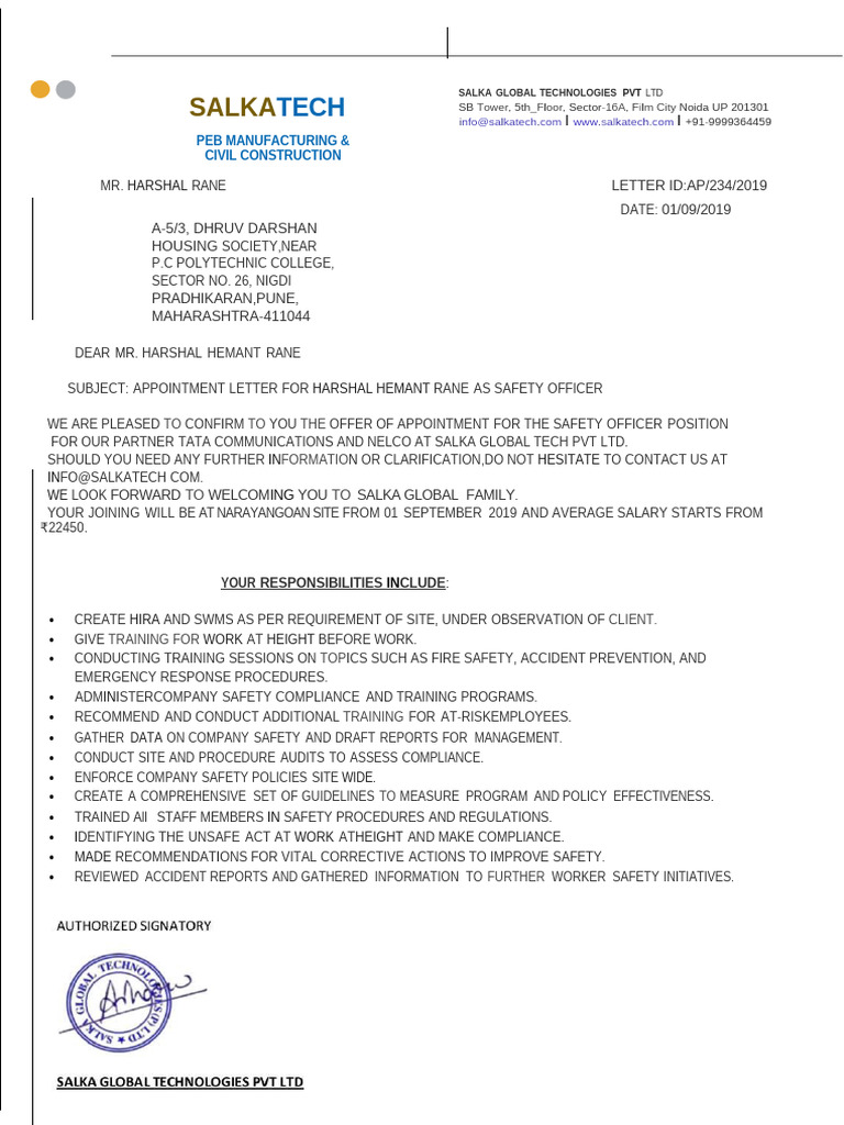 Appointment Letter SALKA | PDF