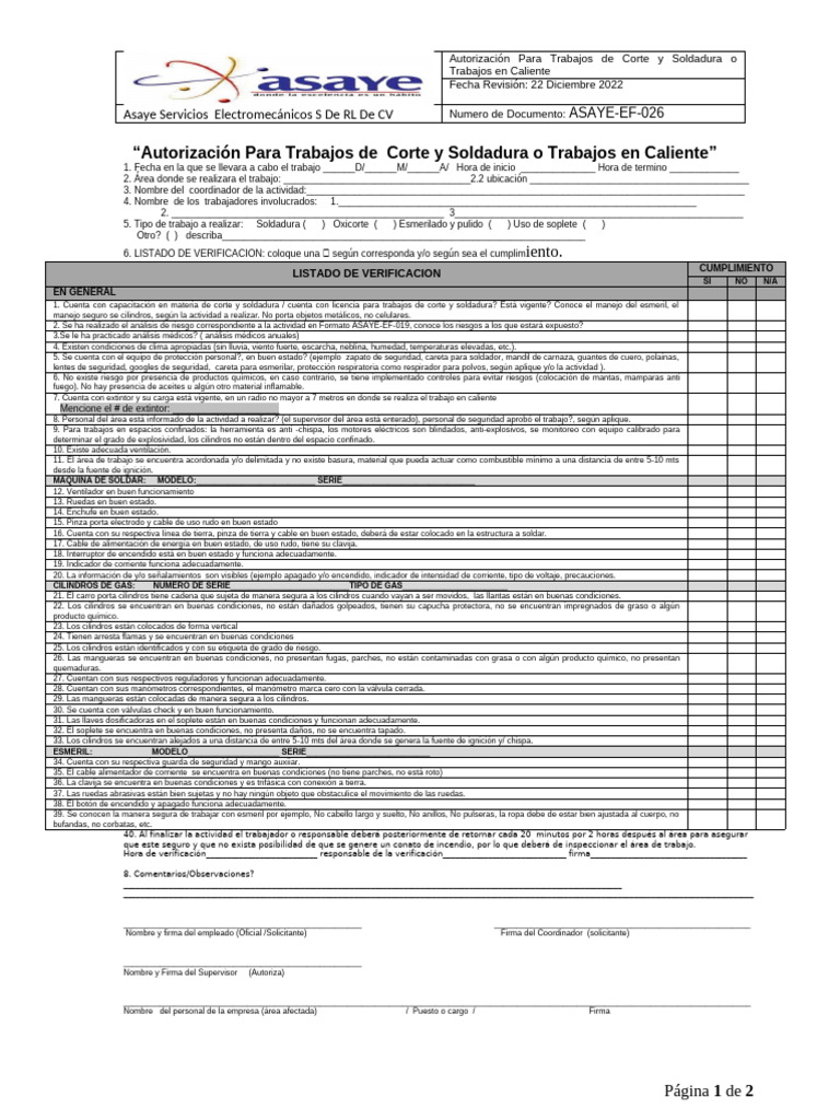 Autorización para Trabajos en Caliente | PDF | Soldadura | Construcción